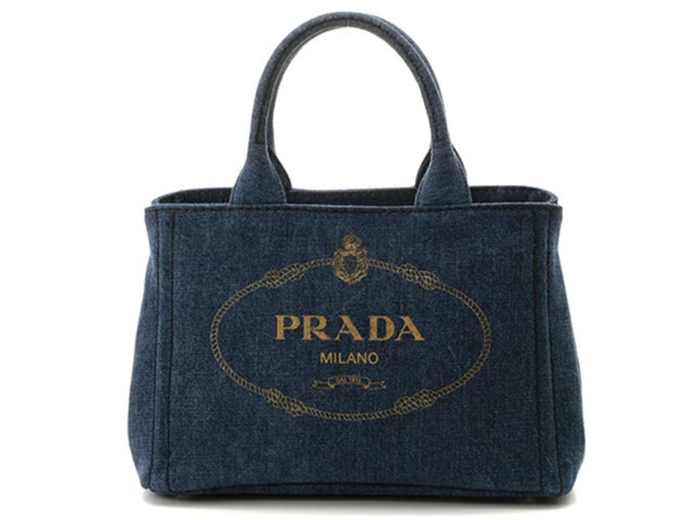 Prada Canapa Tote Bag Blue Denim Gold Straps